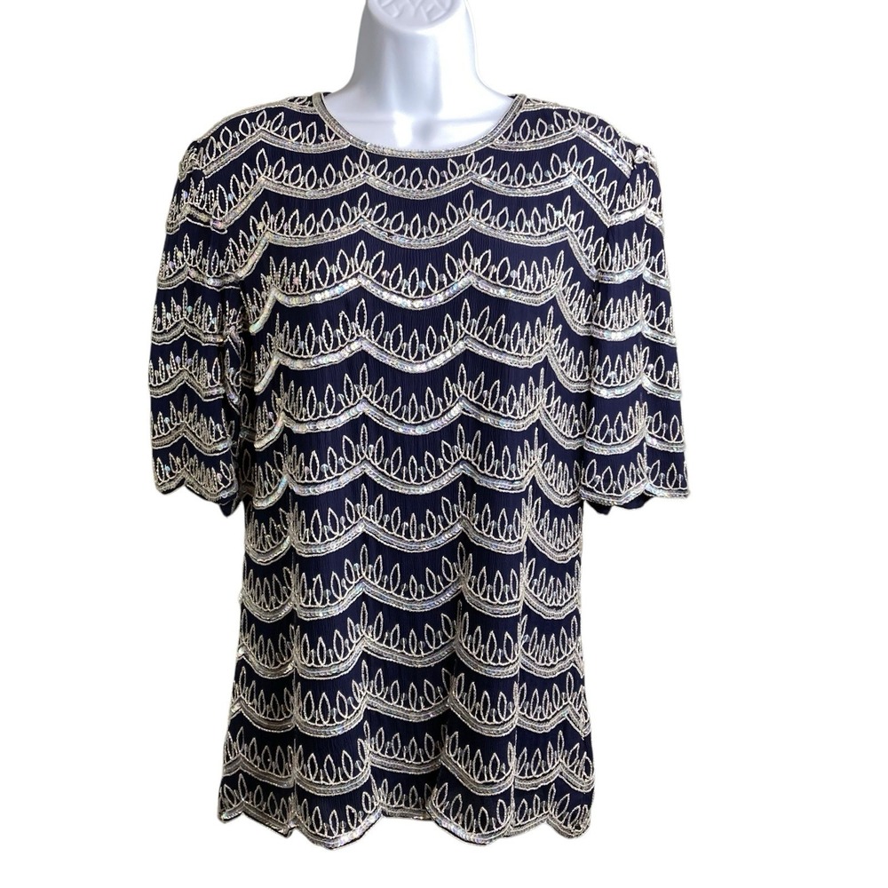 VTG 80s Frank Usher Navy 100% Silk Beaded Top‎ Sz S Silver Sequin Evening Blouse